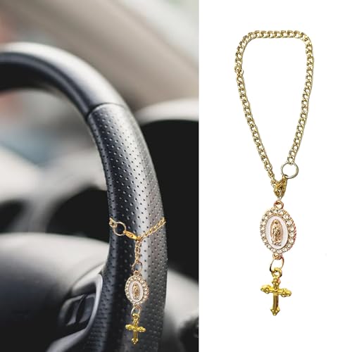 Steering Wheel Rosary Charm with Virgin Mary and Cross