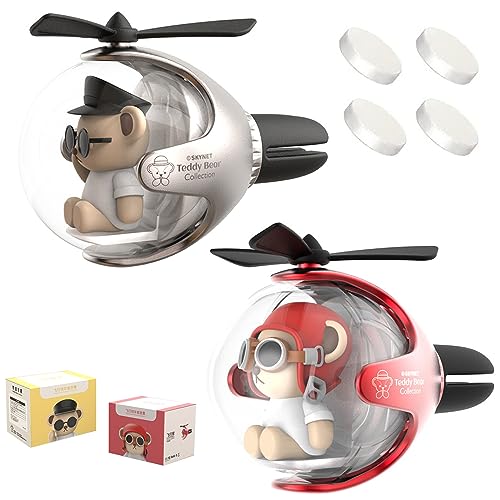 2 Pieces Car Air Fresheners, Cute Bear Pilot Car Diffuser, Propeller Air Outlet Vent Fresheners, Suitable for Automotive Interior Decoration (Bear (A+B)) - Silver+Red