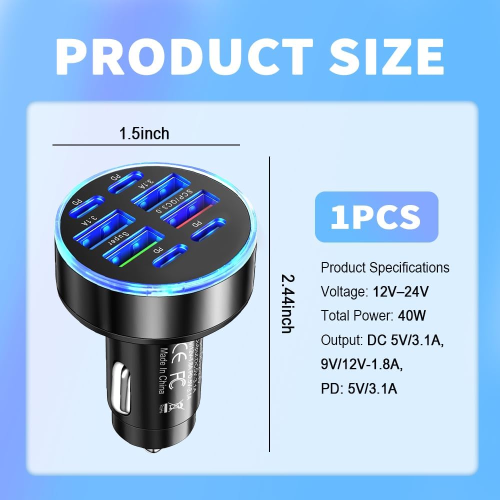 8-Port Car Charger Adapter with 4 Type-C & 4 USB