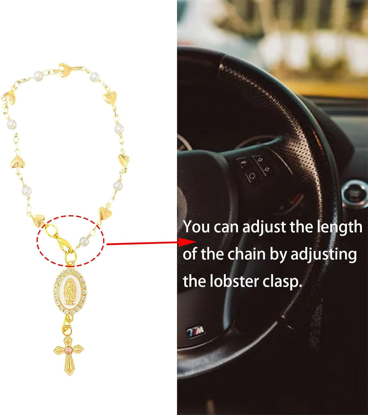 Steering Wheel Rosary Charm with Virgin Mary and Cross