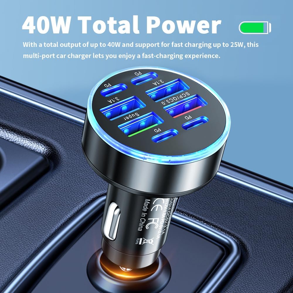 8-Port Car Charger Adapter with 4 Type-C & 4 USB