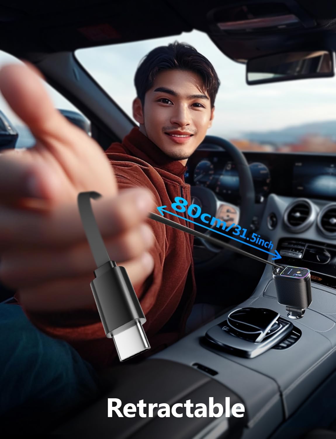 66W Retractable Car Charger 4 in 1 with Dual Type C Cables