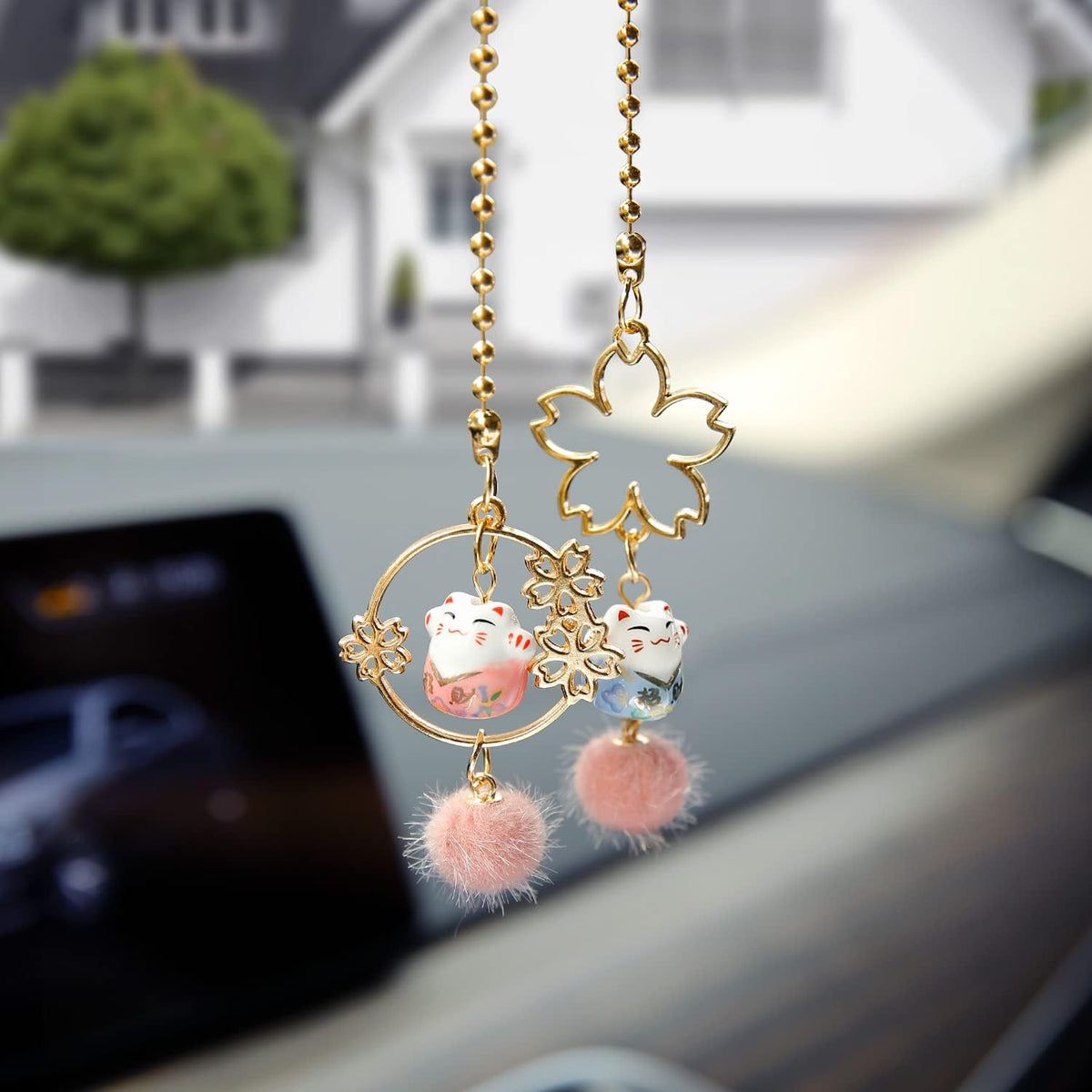 Pair of Lucky Cat Rear View Mirror Hanging Ornament