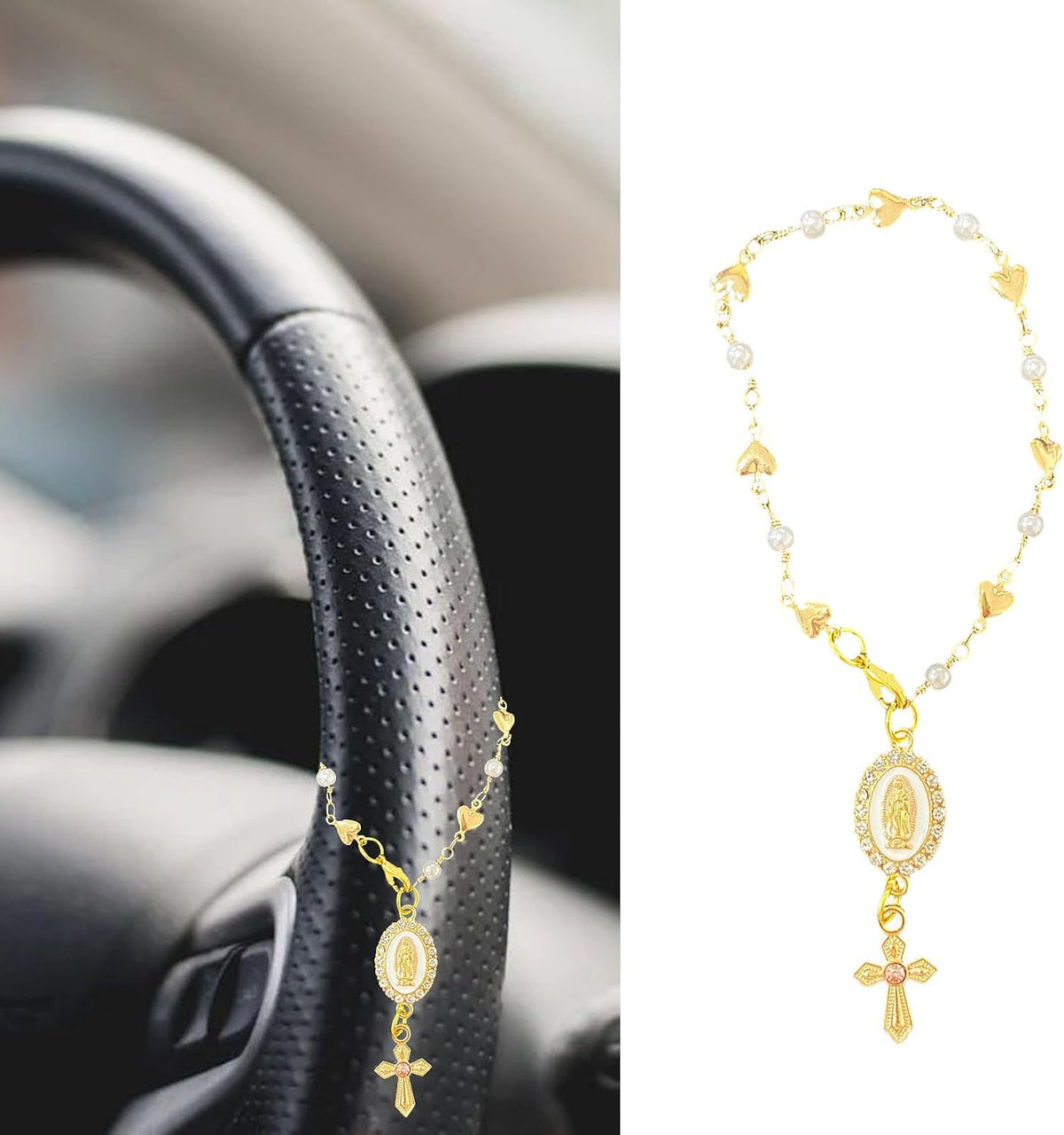 Steering Wheel Rosary Charm with Virgin Mary and Cross