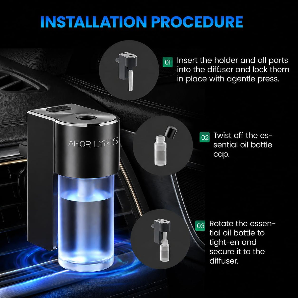 Car Air Freshener Diffuser, Smart Car Vent Air Freshener, 3 Speed Adjustable, Rechargeable, Intelligent Auto On/Off, Long Lasting Fragrance, 3 x 10ml Essential Oils, Jasmine