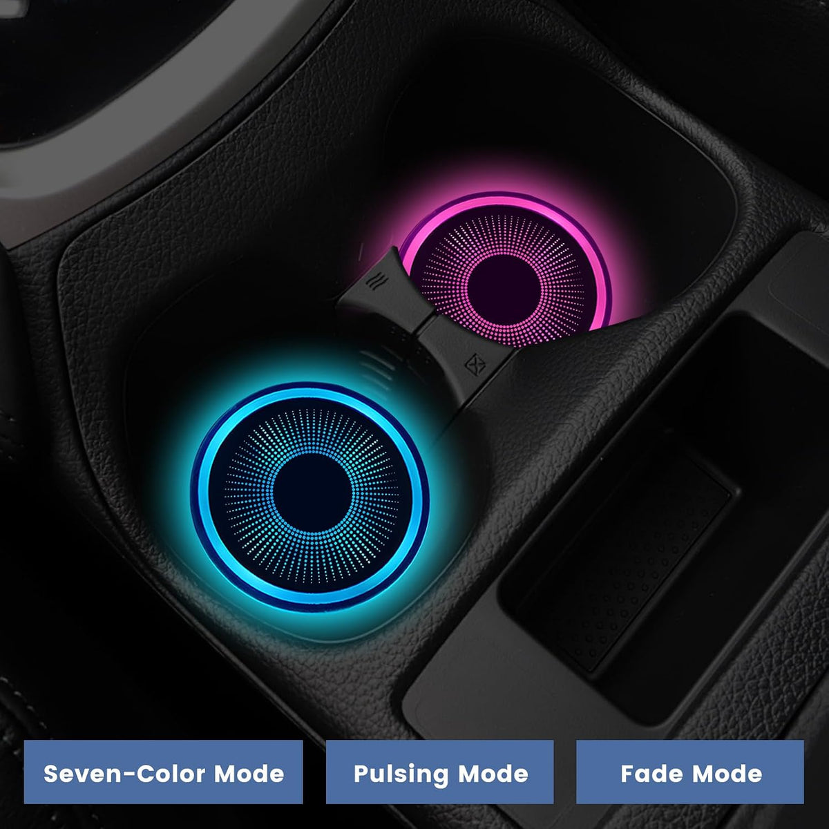 2 PCS LED Car Cup Holder Lights, 7 Colors Changing Waterproof Cup Pad with Vibration Sensor, USB Charging Intelligent Drink Coaster Interior Atmosphere Lamp for Car SUV Truck