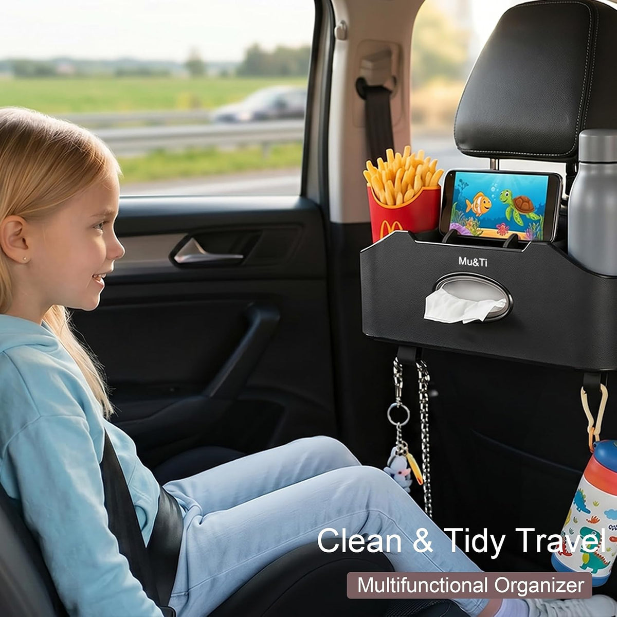 Mu&Ti Back Seat Car Organizer with Cup Holders and Tissue Box