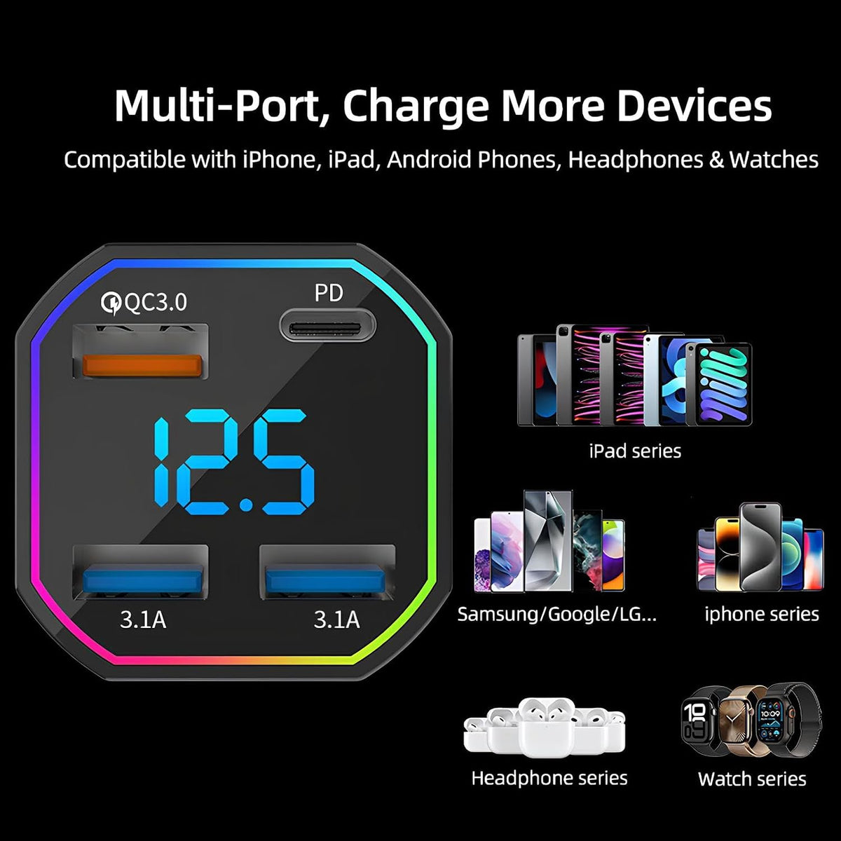 65W USB C Car Charger 4 Port Fast Charging QC3.0 PD2.0 Digital Display