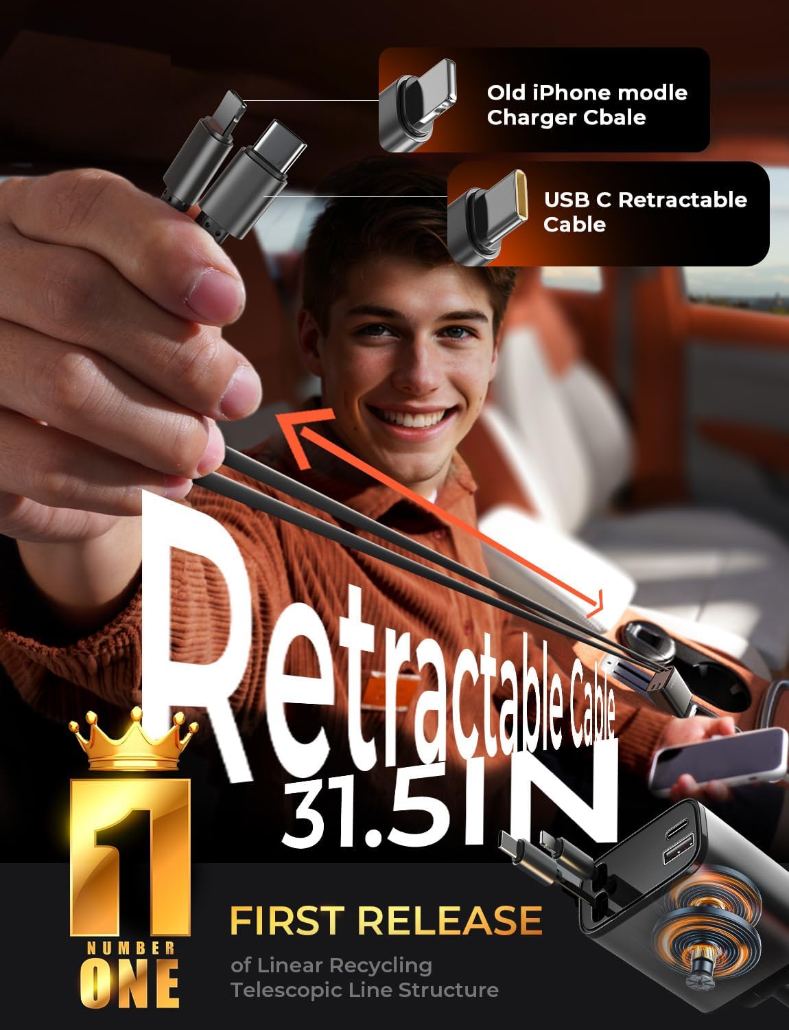 LISEN 84W Retractable Car Charger 4 in 1