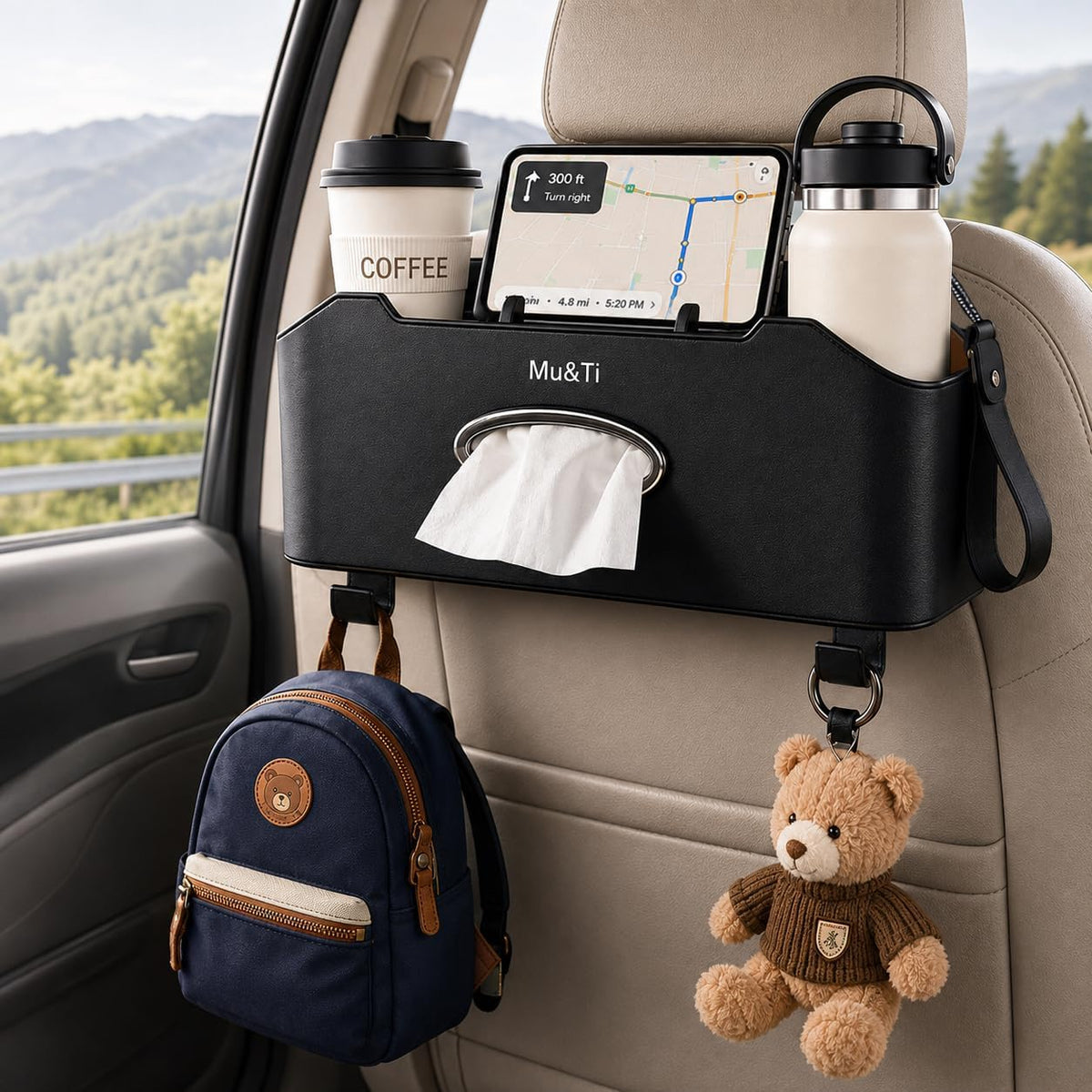 Mu&Ti Back Seat Car Organizer with Cup Holders and Tissue Box