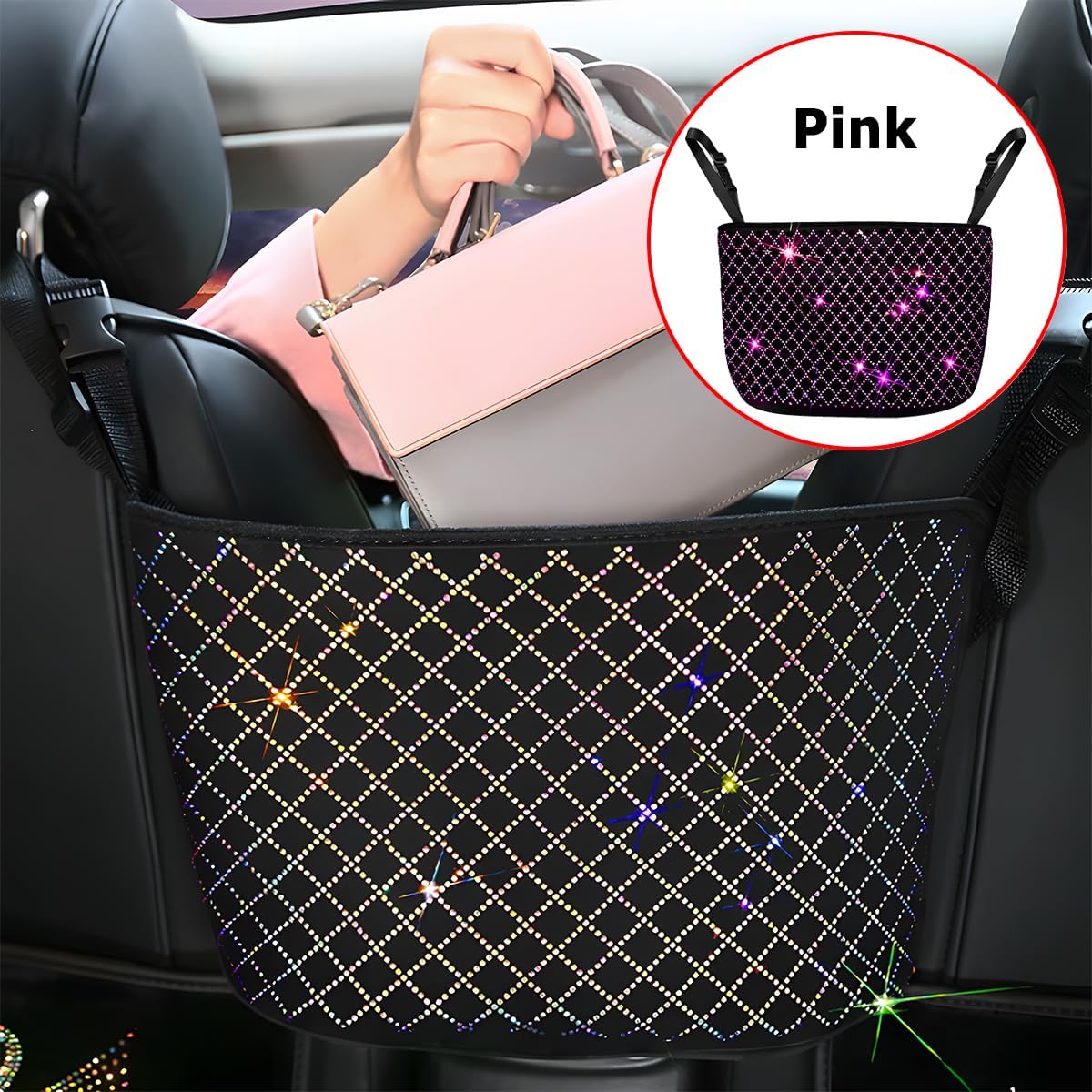 Rhinestone Car Net Pocket Handbag Holder Backseat Organizer