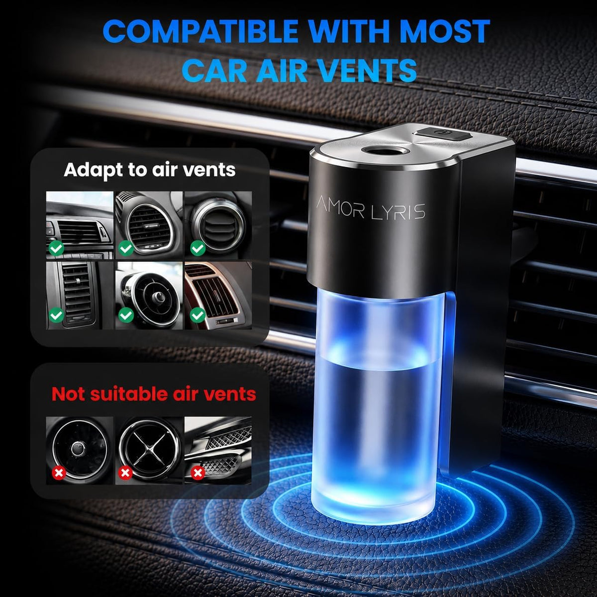 Car Air Freshener Diffuser, Smart Car Vent Air Freshener, 3 Speed Adjustable, Rechargeable, Intelligent Auto On/Off, Long Lasting Fragrance, 3 x 10ml Essential Oils, Jasmine