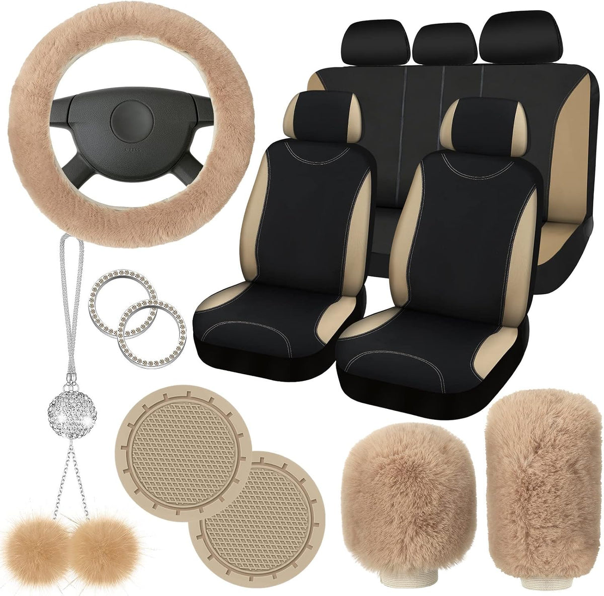 Fulmoon 17 Pcs Fluffy Car Seat Cover Full Set