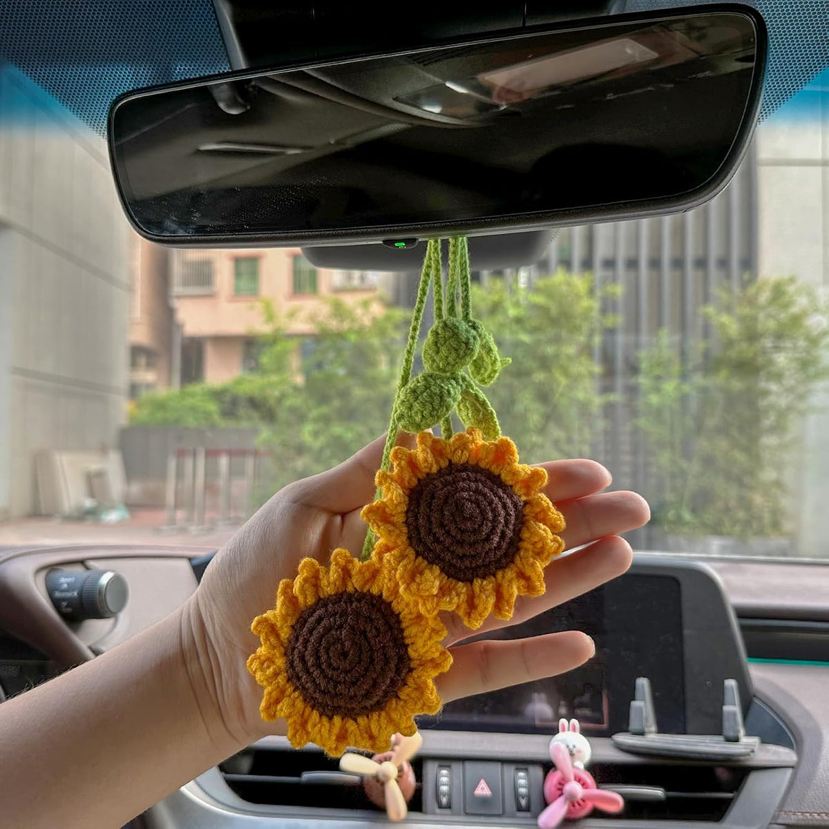 2-Piece Handmade Sunflower Car Mirror Hanging Ornament