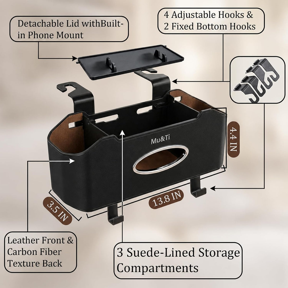 Mu&Ti Back Seat Car Organizer with Cup Holders and Tissue Box