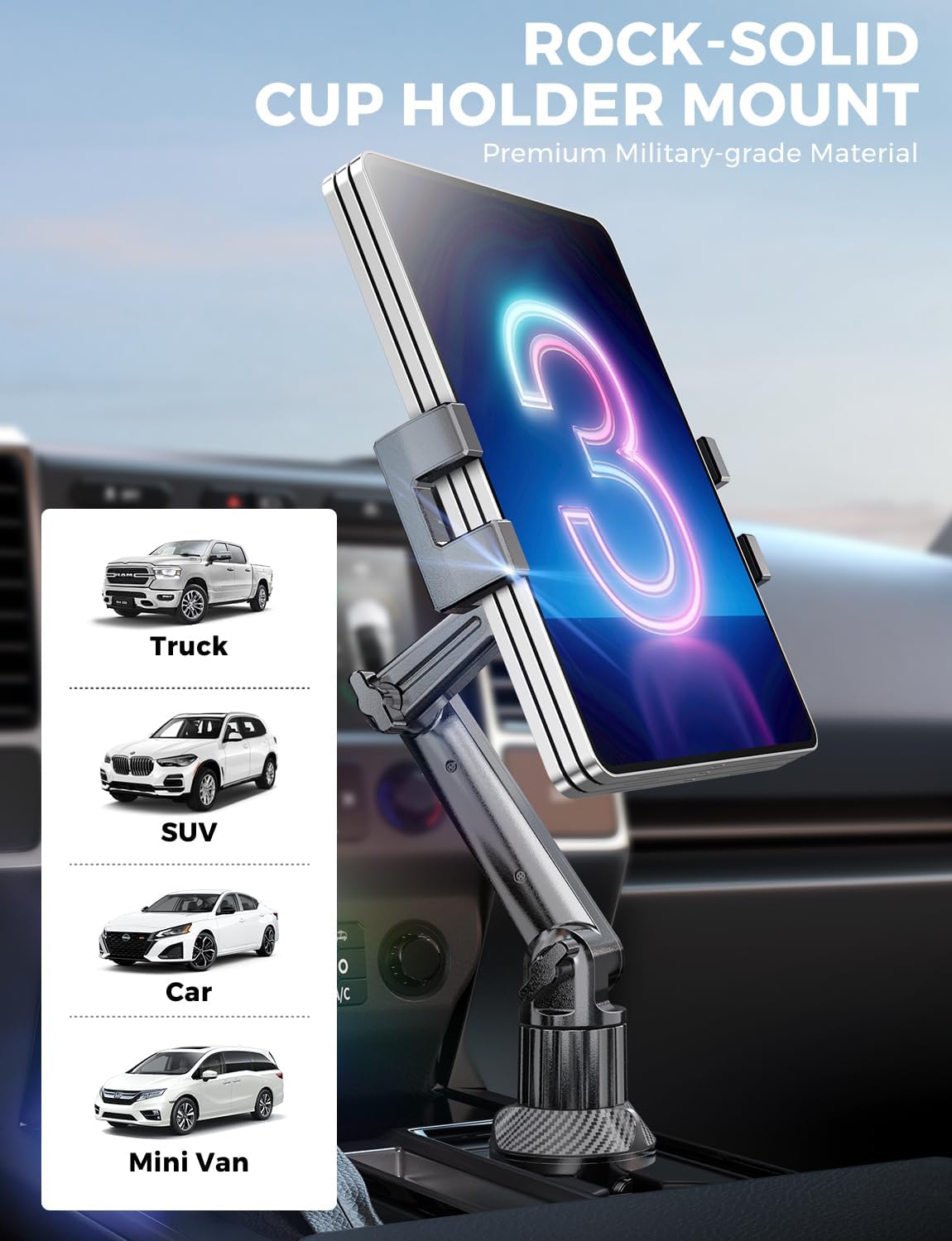 Cup Holder Tablet Mount for Truck, Car Tablet Holder, iPad Stand