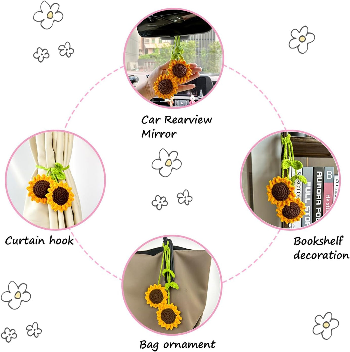 2-Piece Handmade Sunflower Car Mirror Hanging Ornament