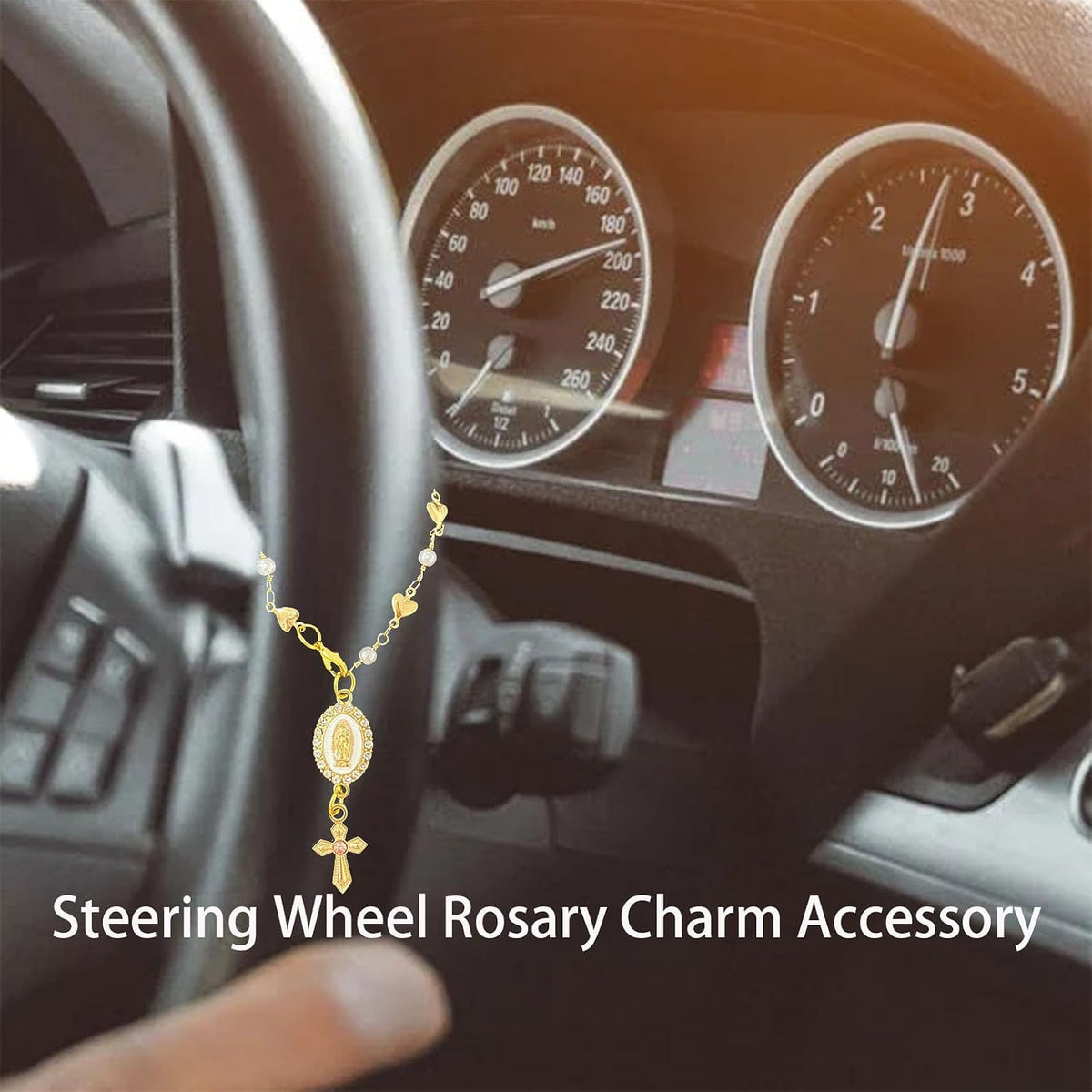 Steering Wheel Rosary Charm with Virgin Mary and Cross