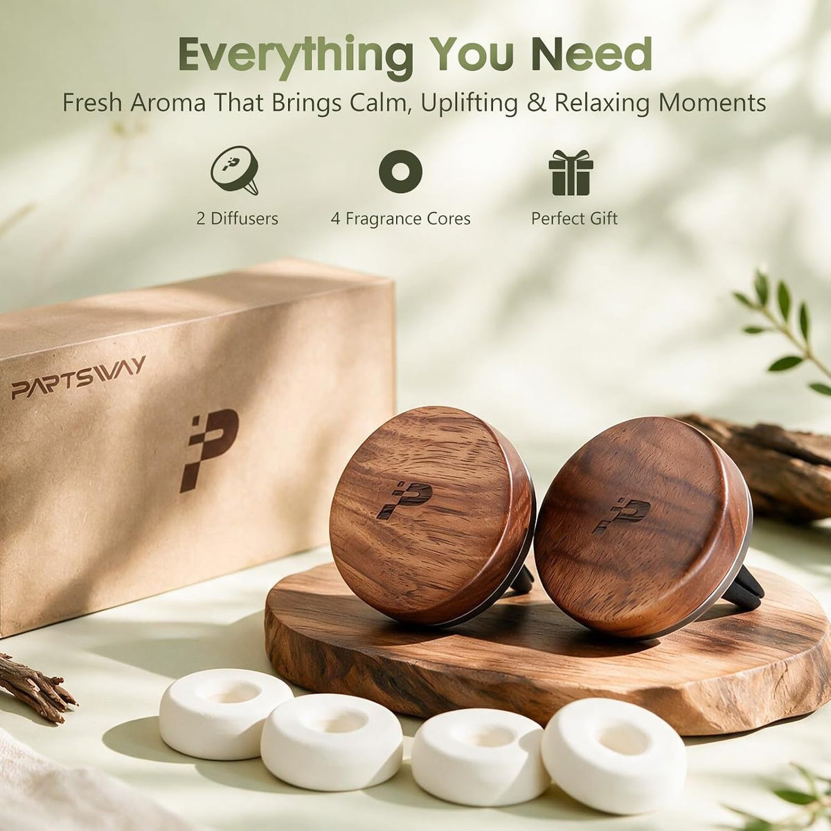Car Air Freshener Wood Diffuser 2 Pack, Vent Clip Long Lasting Scent, Walnut Odor Eliminator Auto Accessories for Women Men, 4 Essential Oil Tablets (Grove, Ocean, Coconut and Linen)
