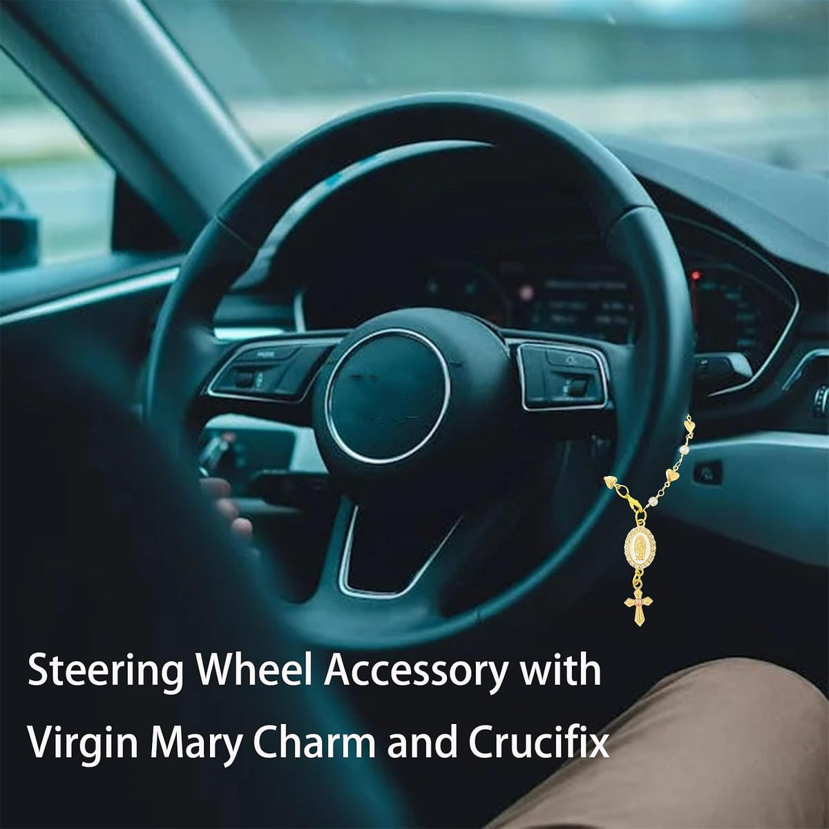 Steering Wheel Rosary Charm with Virgin Mary and Cross