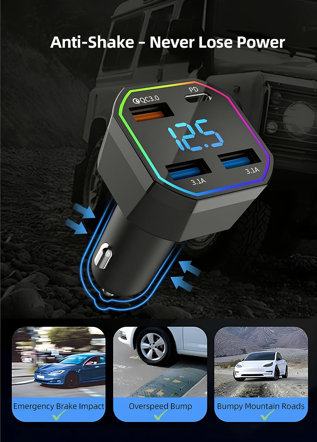 65W USB C Car Charger 4 Port Fast Charging QC3.0 PD2.0 Digital Display