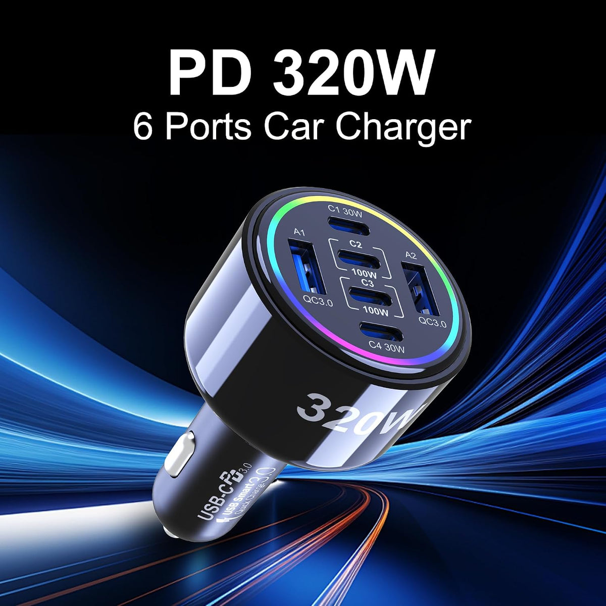 320W USB C Car Charger 6 Ports Type C