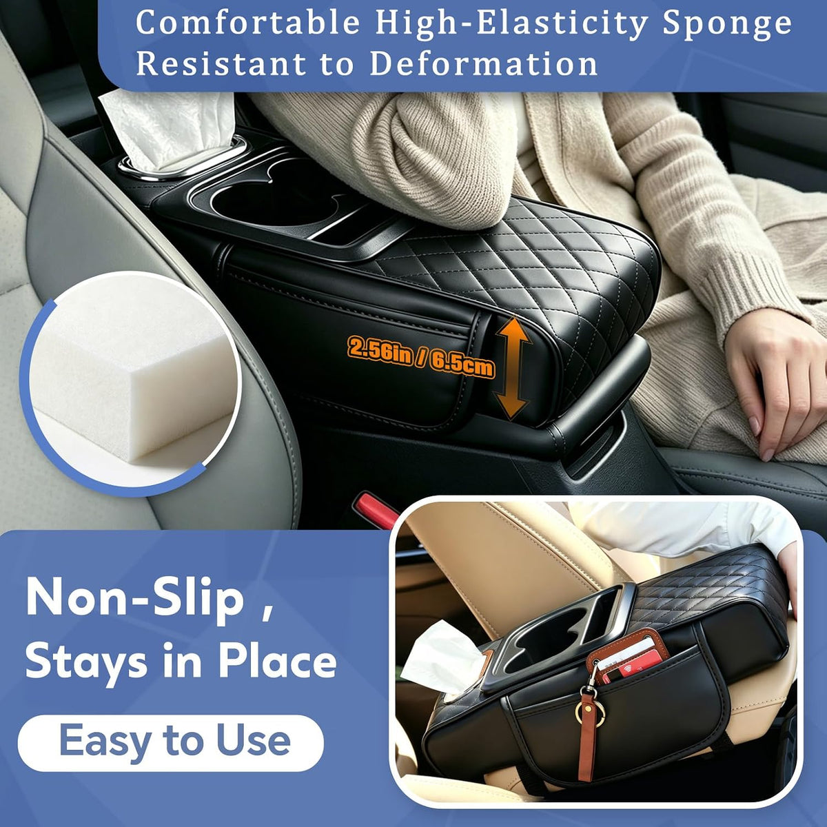 5-in-1 Center Console Cover Organizer with Cup Holder and Tissue Box