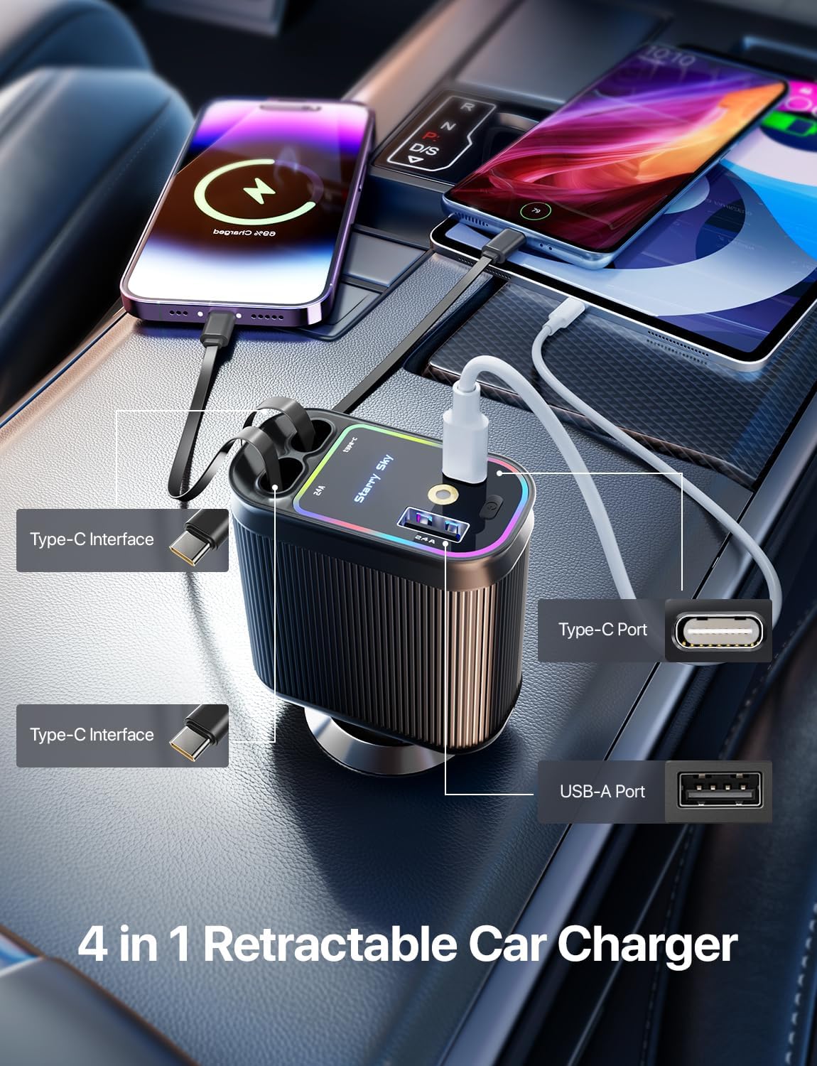 66W Retractable Car Charger 4 in 1 with Dual Type C Cables