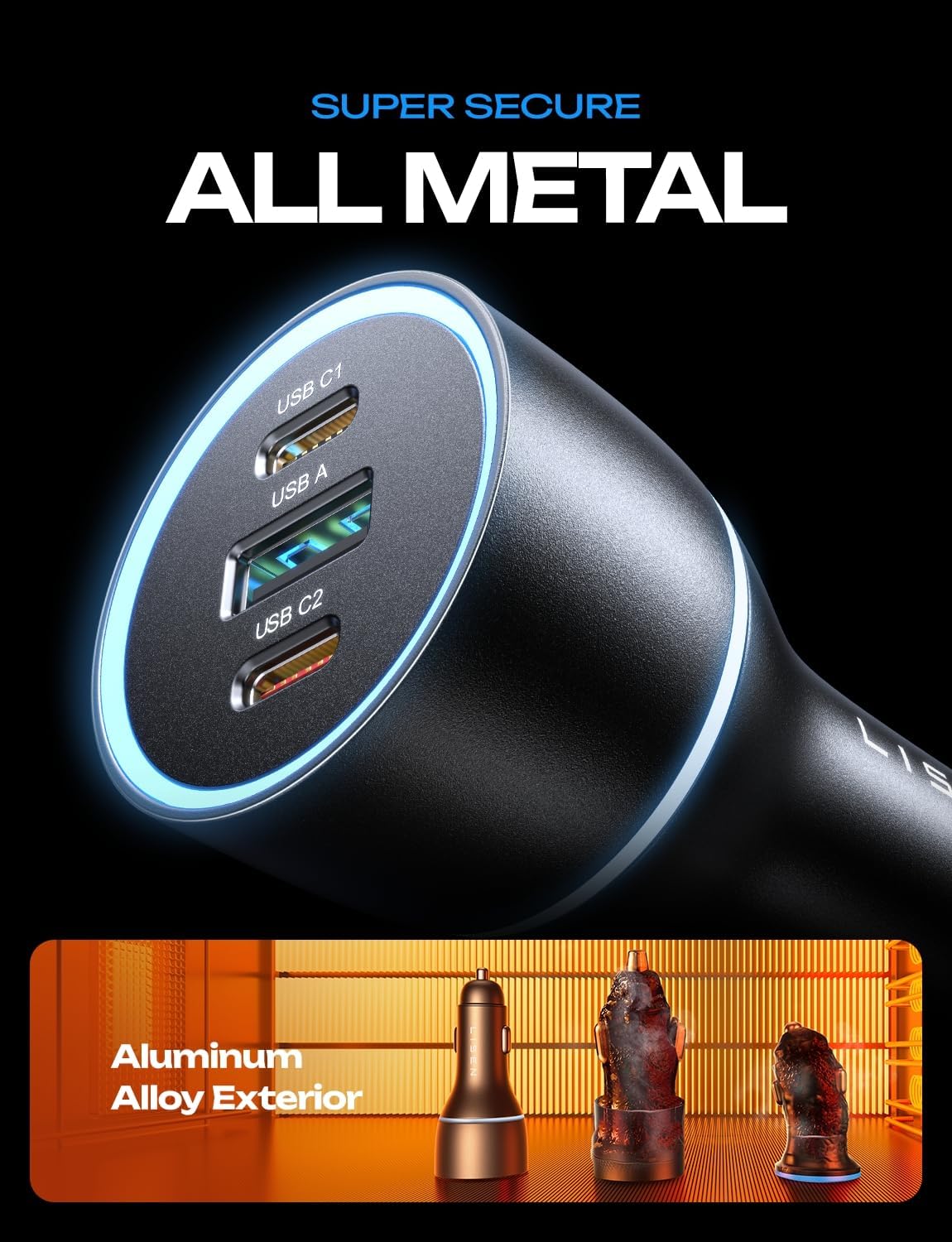 LISEN 200W Car Charger 3-Port USB-C GaN Fast Charging