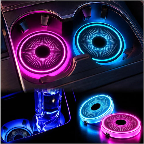 2 PCS LED Car Cup Holder Lights, 7 Colors Changing Waterproof Cup Pad with Vibration Sensor, USB Charging Intelligent Drink Coaster Interior Atmosphere Lamp for Car SUV Truck