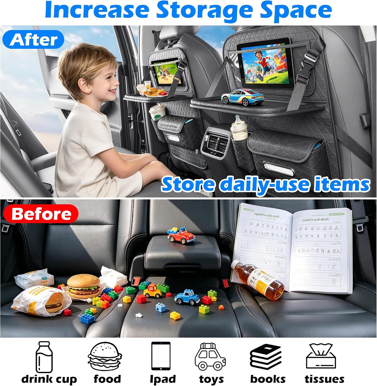 2PC Backseat Car Organizer Foldable Food Tray Tablet Holder