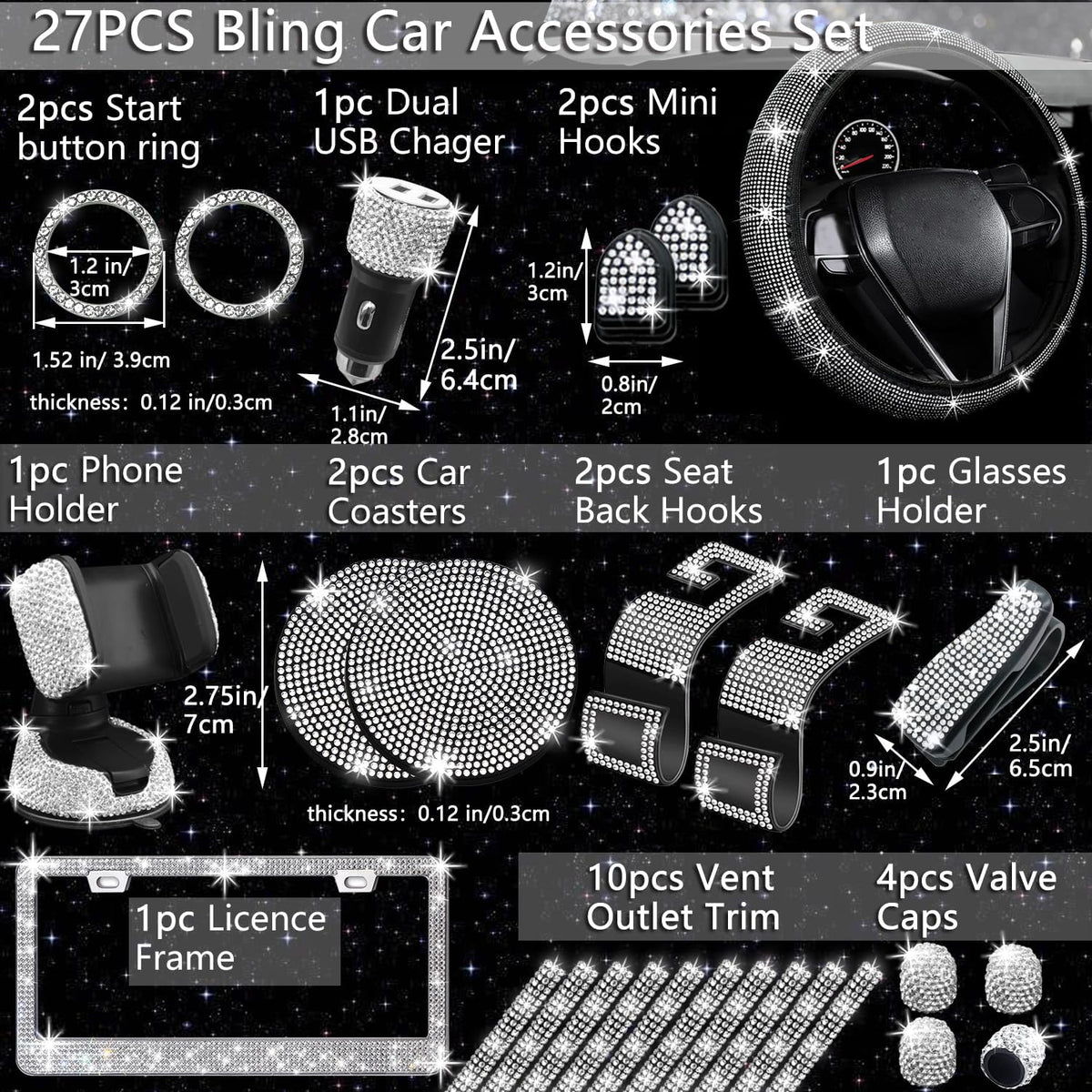 27 PCs Bling Car Accessories Set for Women