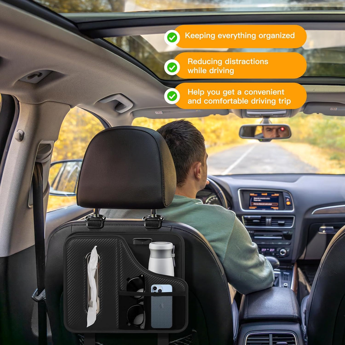 Car Back Seat Organizer with Cup Holder and Tissue Box