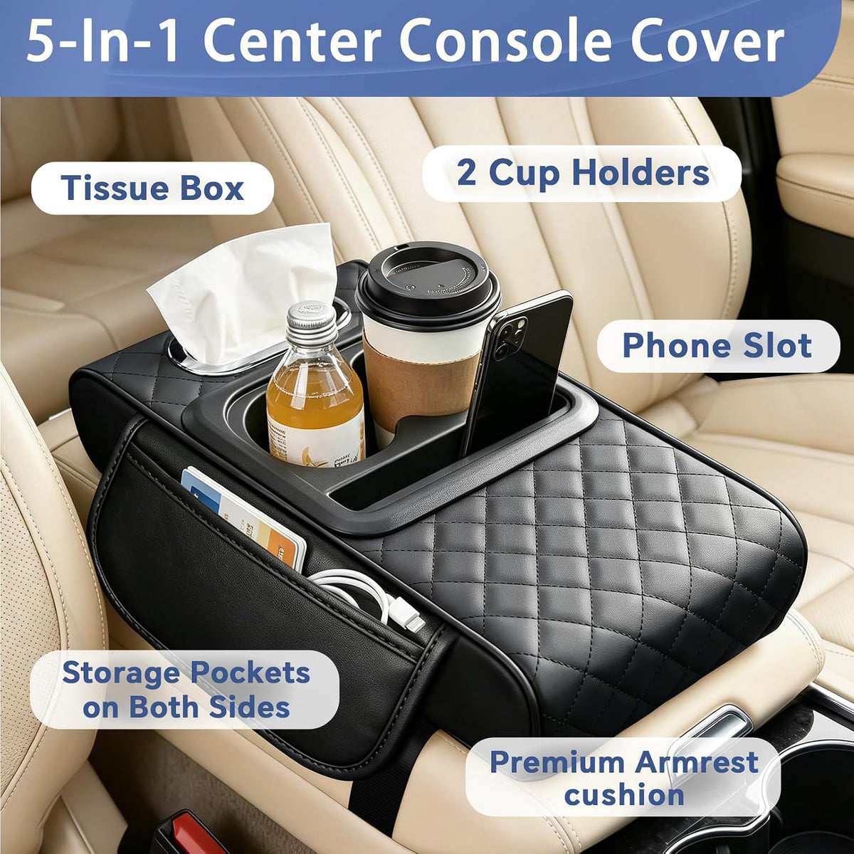 5-in-1 Center Console Cover Organizer with Cup Holder and Tissue Box