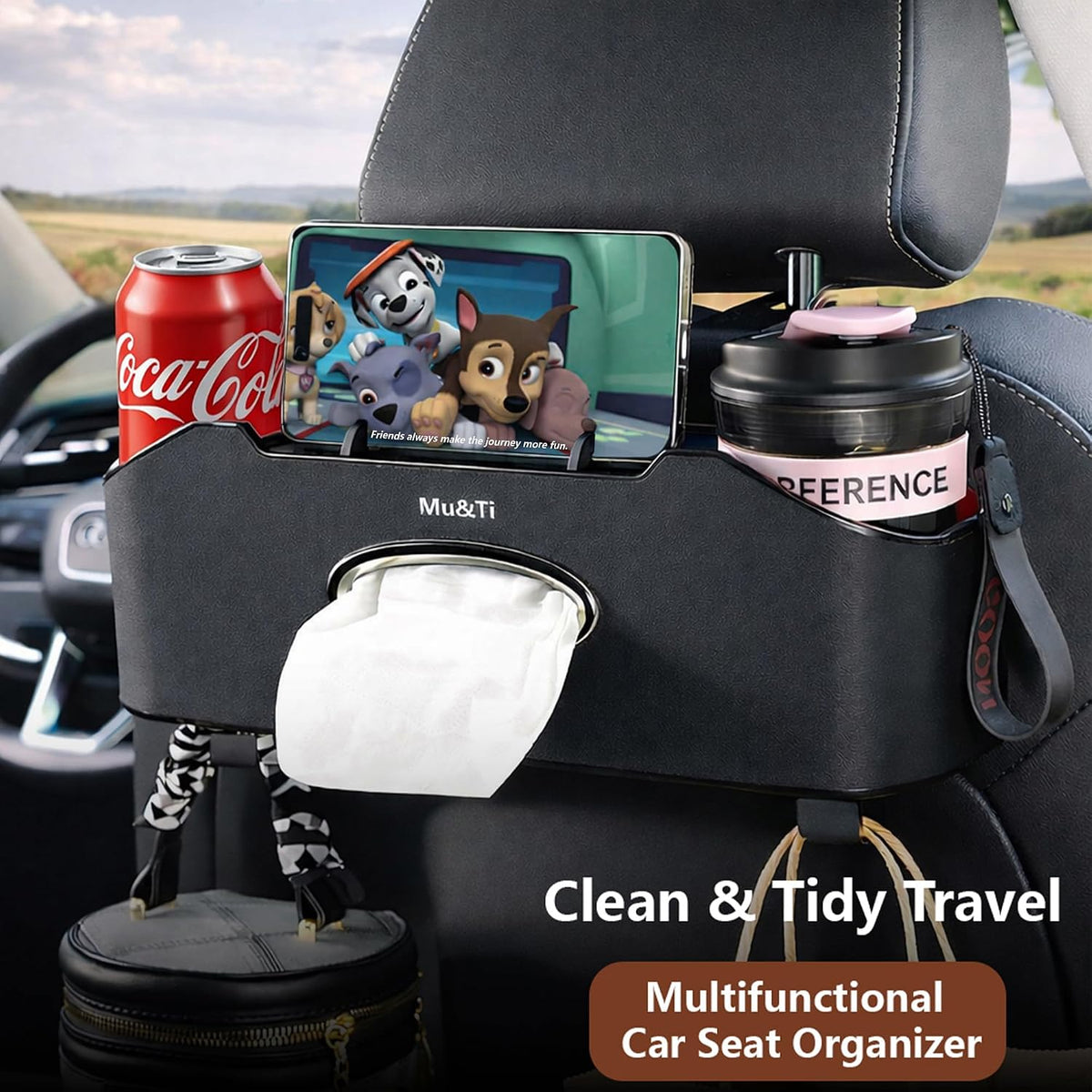 Mu&Ti Back Seat Car Organizer with Cup Holders and Tissue Box