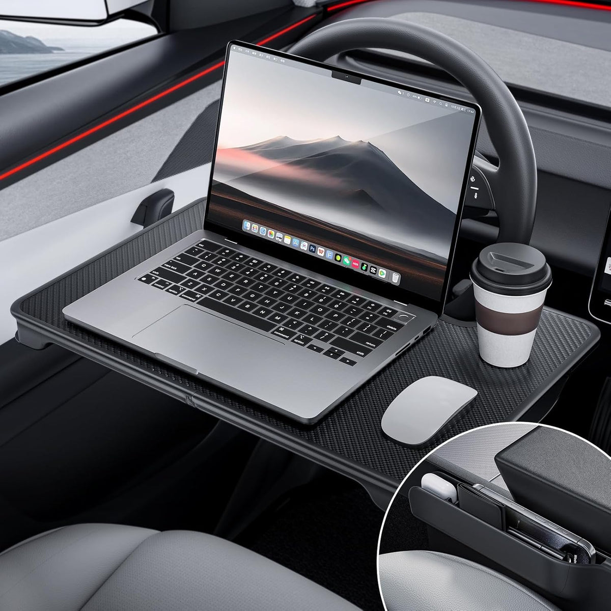 2-in-1 Car Steering Wheel Desk Tray & Seat Gap Filler Organizer Carbon Fiber Look